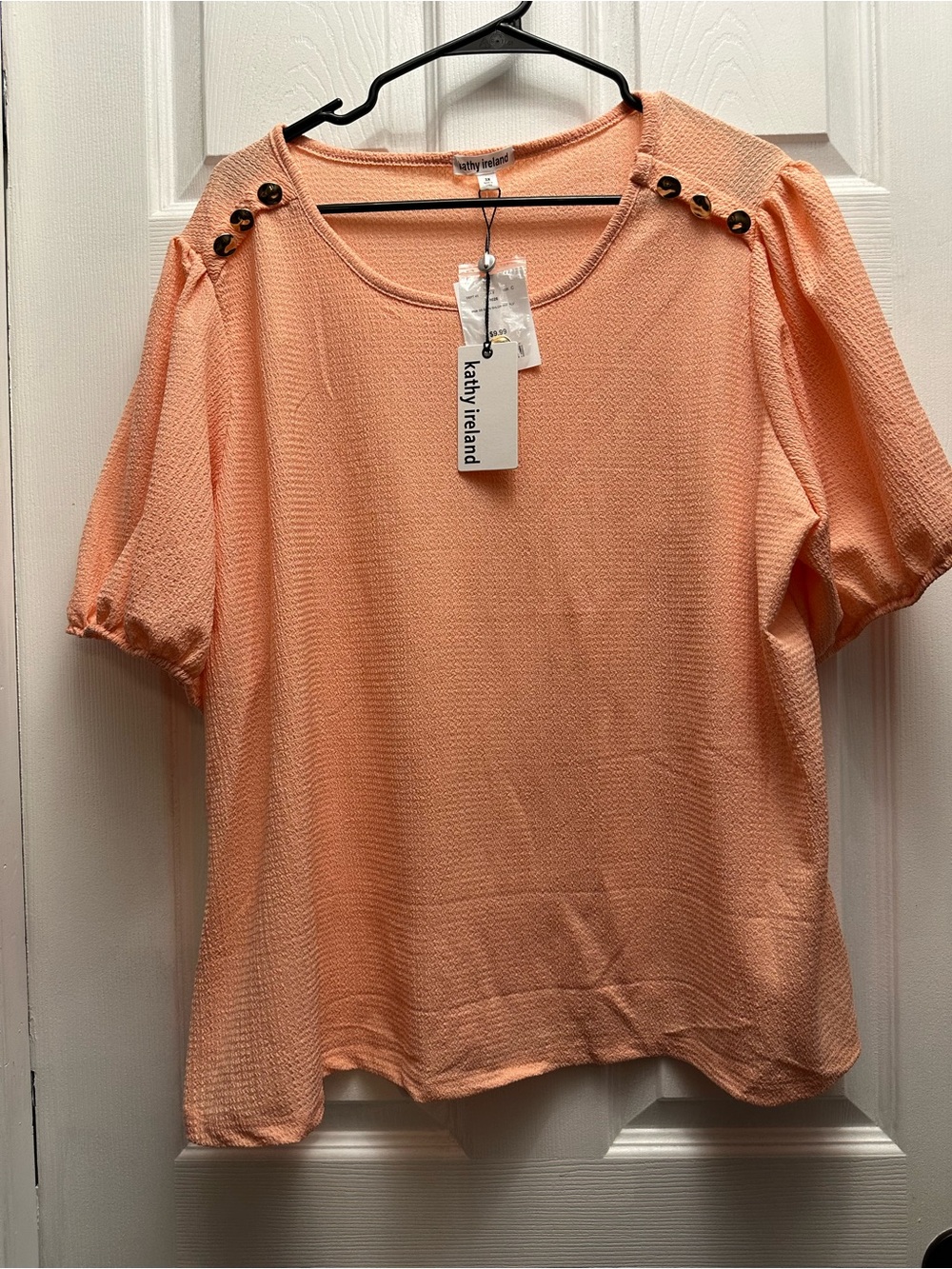 Kathy Ireland Peach Button-Shoulder Waffle Knit Top - 3X